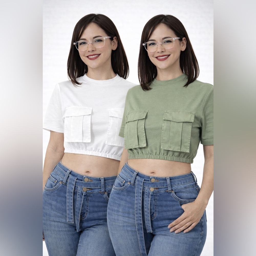 Women’s Ultra Short Cargo Crop Top with Round Neck and Pocket - Casual